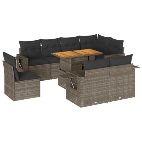 9-Piece Garden Sofa Set with Cushions Grey Poly Rattan Wicker Outdoor Patio Furniture - Image 13