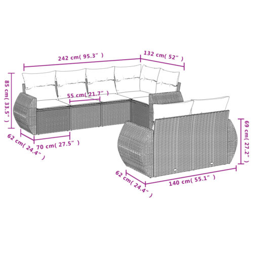7-Piece Garden Sofa Set with Cushions Grey Poly Rattan Wicker Outdoor Patio Furniture - Image 3