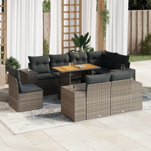 9-Piece Garden Sofa Set with Cushions Grey Poly Rattan Wicker Outdoor Patio Furniture - Image 2