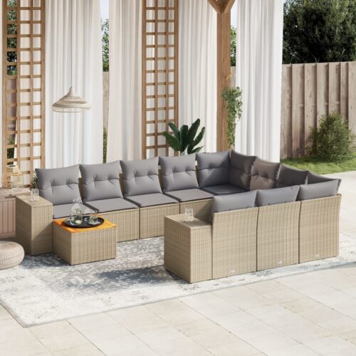 11-Piece Garden Sofa Set with Cushions Beige Poly Rattan Wicker Outdoor Patio Furniture - Image 2