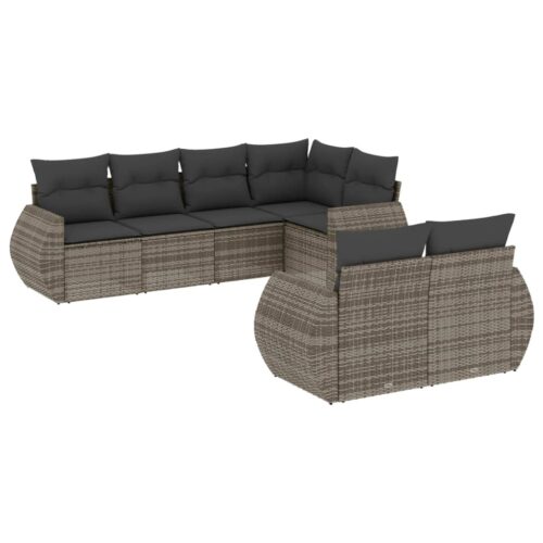 7-Piece Garden Sofa Set with Cushions Grey Poly Rattan Wicker Outdoor Patio Furniture - Image 5