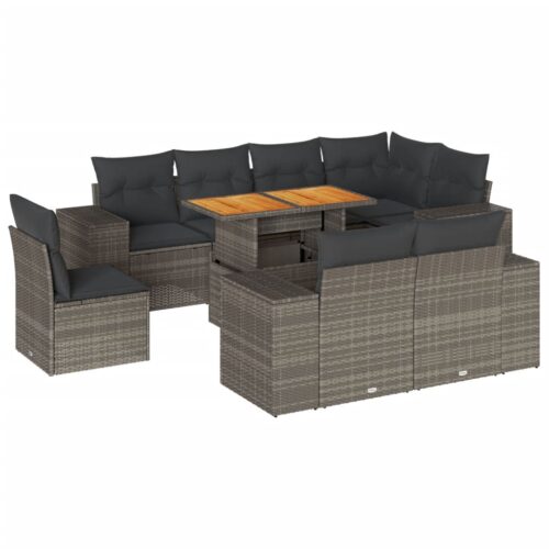 9-Piece Garden Sofa Set with Cushions Grey Poly Rattan Wicker Outdoor Patio Furniture - Image 13