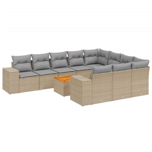 11-Piece Garden Sofa Set with Cushions Beige Poly Rattan Wicker Outdoor Patio Furniture