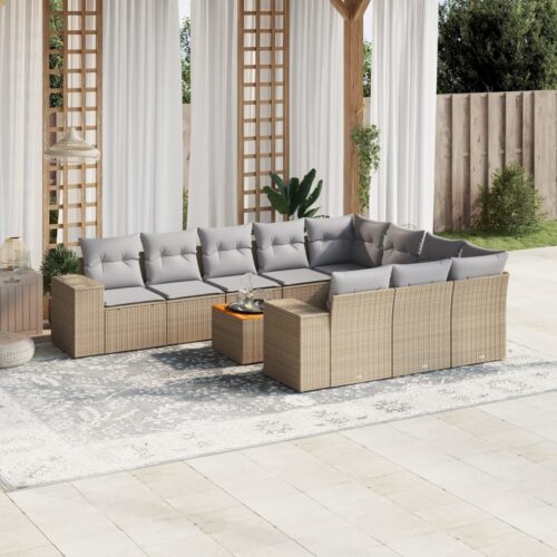 11-Piece Garden Sofa Set with Cushions Beige Poly Rattan Wicker Outdoor Patio Furniture - Image 2