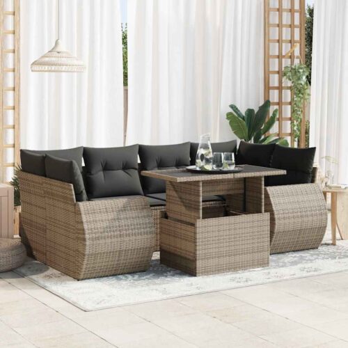 7-Piece Garden Sofa Set with Cushions Grey Poly Rattan Wicker Outdoor Patio Furniture - Image 2