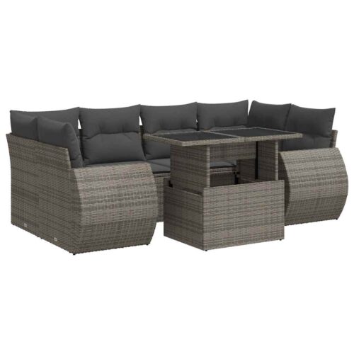 7-Piece Garden Sofa Set with Cushions Grey Poly Rattan Wicker Outdoor Patio Furniture - Image 13