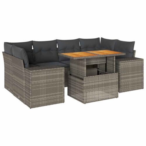 7-Piece Garden Sofa Set with Cushions Grey Poly Rattan Wicker Outdoor Patio Furniture