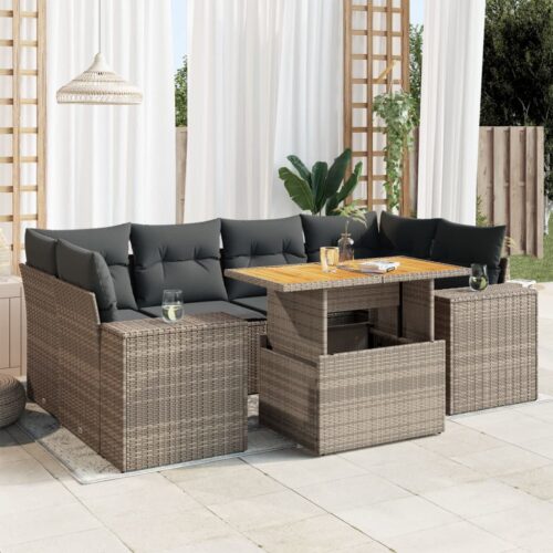 7-Piece Garden Sofa Set with Cushions Grey Poly Rattan Wicker Outdoor Patio Furniture - Image 2