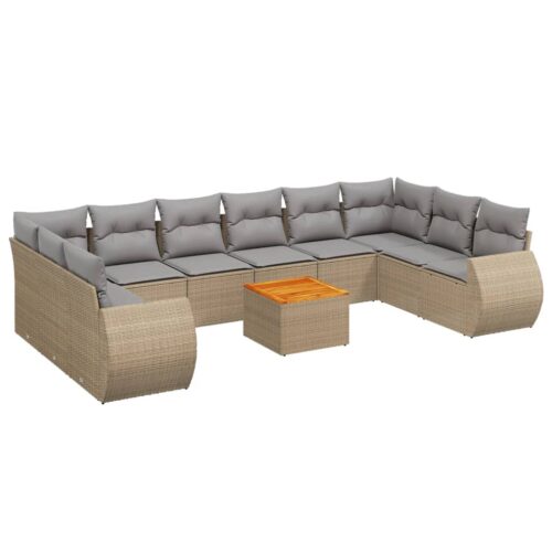 11-Piece Garden Sofa Set with Cushions Beige Poly Rattan Wicker Outdoor Patio Furniture - Image 5