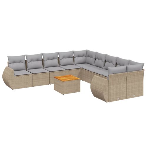 11-Piece Garden Sofa Set with Cushions Beige Poly Rattan Wicker Outdoor Patio Furniture - Image 5