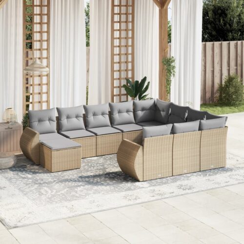 11-Piece Garden Sofa Set with Cushions Beige Poly Rattan Wicker Outdoor Patio Furniture - Image 2