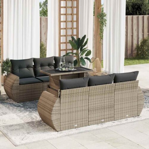 7-Piece Garden Sofa Set with Cushions Grey Poly Rattan Wicker Outdoor Patio Furniture - Image 2