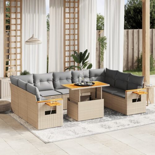 11-Piece Garden Sofa Set with Cushions Beige Poly Rattan Wicker Outdoor Patio Furniture - Image 2
