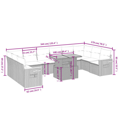 11-Piece Garden Sofa Set with Cushions Beige Poly Rattan Wicker Outdoor Patio Furniture - Image 3