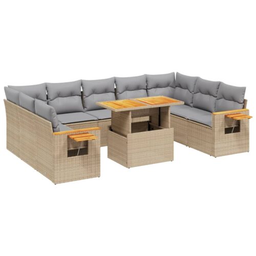 11-Piece Garden Sofa Set with Cushions Beige Poly Rattan Wicker Outdoor Patio Furniture - Image 5