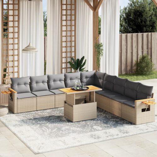 11-Piece Garden Sofa Set with Cushions Beige Poly Rattan Wicker Outdoor Patio Furniture - Image 2