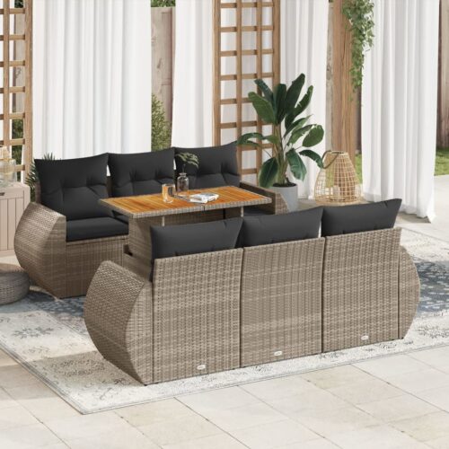7-Piece Garden Sofa Set with Cushions Grey Poly Rattan Wicker Outdoor Patio Furniture - Image 2