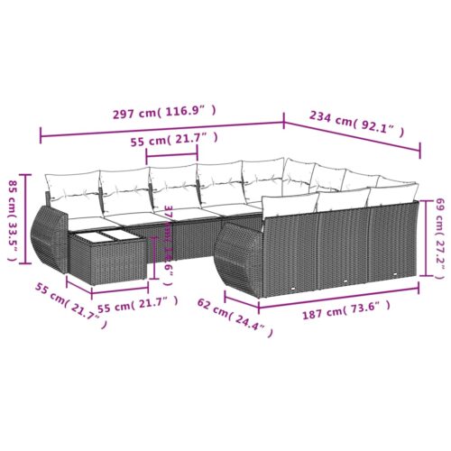 11-Piece Garden Sofa Set with Cushions Beige Poly Rattan Wicker Outdoor Patio Furniture - Image 3