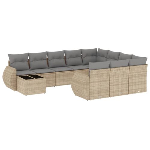11-Piece Garden Sofa Set with Cushions Beige Poly Rattan Wicker Outdoor Patio Furniture - Image 5