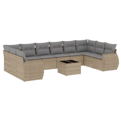 11-Piece Garden Sofa Set with Cushions Beige Poly Rattan Wicker Outdoor Patio Furniture