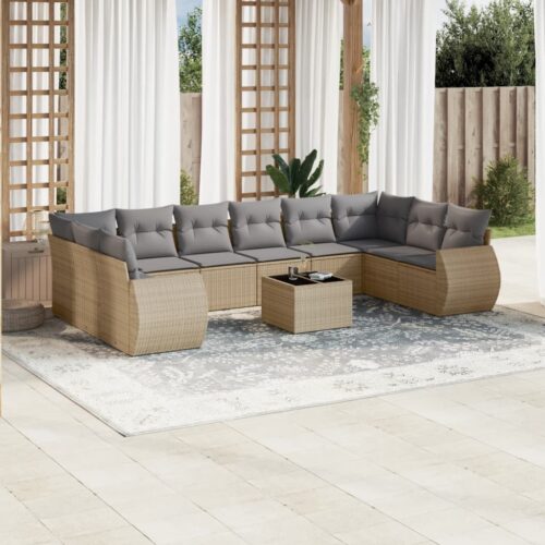 11-Piece Garden Sofa Set with Cushions Beige Poly Rattan Wicker Outdoor Patio Furniture - Image 2