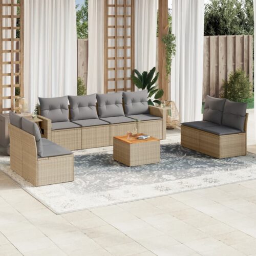 9-Piece Garden Sofa Set with Cushions Mix Beige Poly Rattan Wicker Outdoor Patio Furniture - Image 2