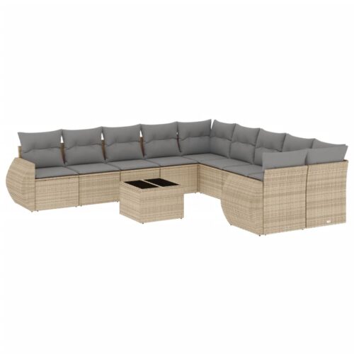 11-Piece Garden Sofa Set with Cushions Beige Poly Rattan Wicker Outdoor Patio Furniture