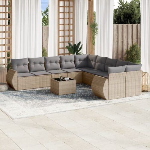11-Piece Garden Sofa Set with Cushions Beige Poly Rattan Wicker Outdoor Patio Furniture - Image 2