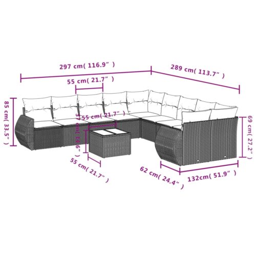 11-Piece Garden Sofa Set with Cushions Beige Poly Rattan Wicker Outdoor Patio Furniture - Image 3