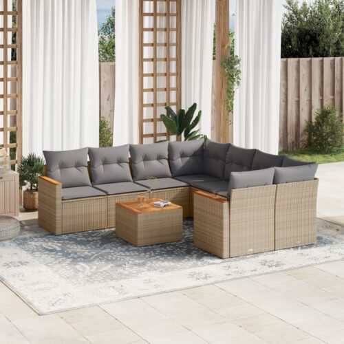 9-Piece Garden Sofa Set with Cushions Mix Beige Poly Rattan Wicker Outdoor Patio Furniture - Image 2