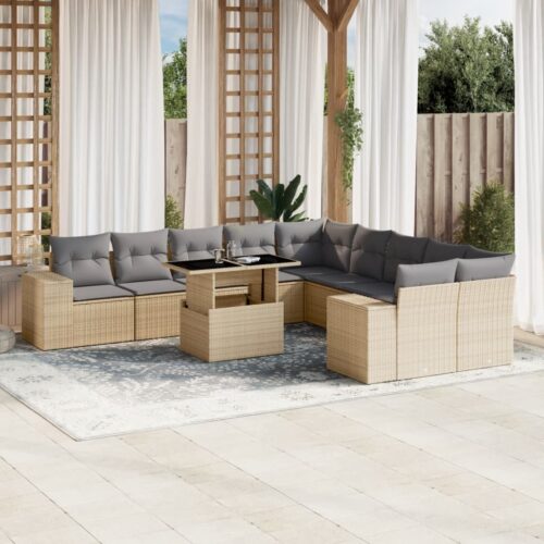 11-Piece Garden Sofa Set with Cushions Beige Poly Rattan Wicker Outdoor Patio Furniture - Image 2