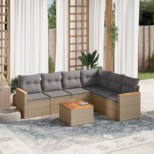 7-Piece Garden Sofa Set with Cushions Mix Beige Poly Rattan Wicker Outdoor Patio Furniture - Image 2