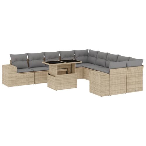 11-Piece Garden Sofa Set with Cushions Beige Poly Rattan Wicker Outdoor Patio Furniture - Image 13