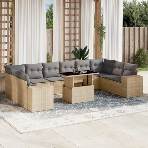 11-Piece Garden Sofa Set with Cushions Beige Poly Rattan Wicker Outdoor Patio Furniture - Image 2