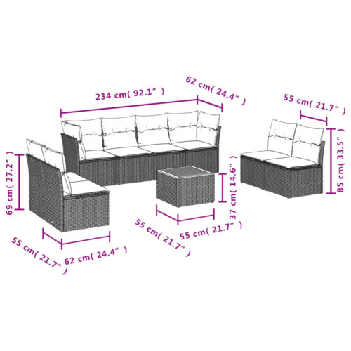 9-Piece Garden Sofa Set with Cushions Mix Beige Poly Rattan Wicker Outdoor Patio Furniture - Image 10