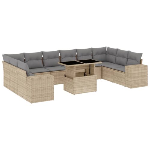 11-Piece Garden Sofa Set with Cushions Beige Poly Rattan Wicker Outdoor Patio Furniture - Image 13