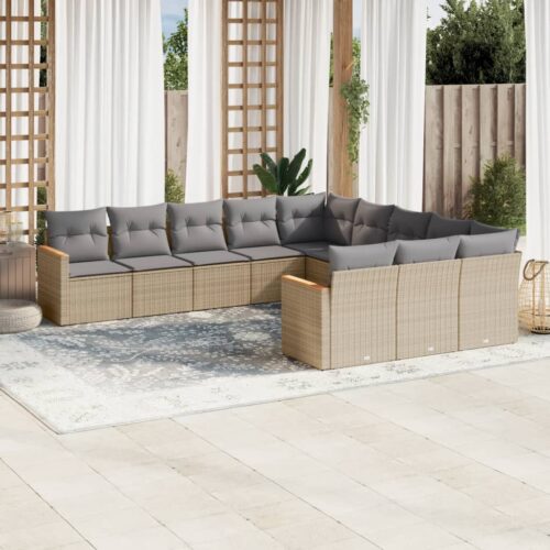 11-Piece Garden Sofa Set with Cushions Beige Poly Rattan Wicker Outdoor Patio Furniture - Image 2
