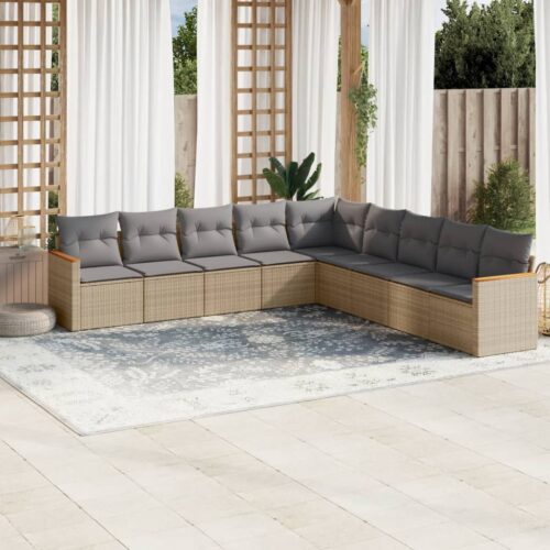 9-Piece Garden Sofa Set with Cushions Mix Beige Poly Rattan Wicker Outdoor Patio Furniture - Image 2