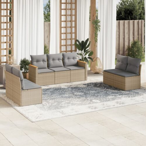 7-Piece Garden Sofa Set with Cushions Mix Beige Poly Rattan Wicker Outdoor Patio Furniture - Image 2
