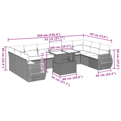 11-Piece Garden Sofa Set with Cushions Beige Poly Rattan Wicker Outdoor Patio Furniture - Image 10