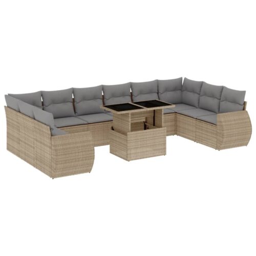 11-Piece Garden Sofa Set with Cushions Beige Poly Rattan Wicker Outdoor Patio Furniture - Image 13