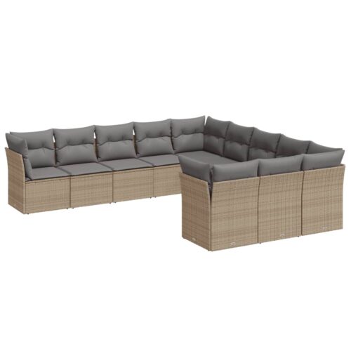 11-Piece Garden Sofa Set with Cushions Beige Poly Rattan Wicker Outdoor Patio Furniture