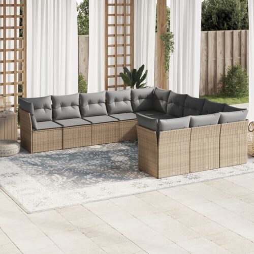 11-Piece Garden Sofa Set with Cushions Beige Poly Rattan Wicker Outdoor Patio Furniture - Image 2
