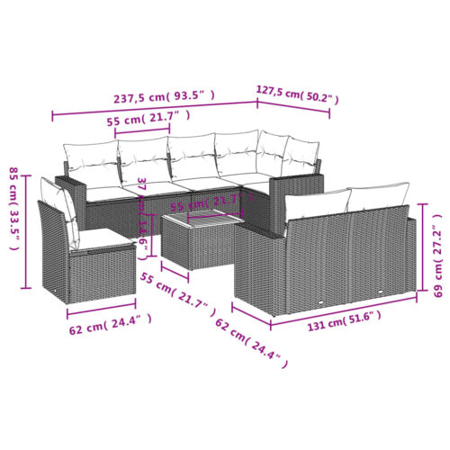 9-Piece Garden Sofa Set with Cushions Mix Beige Poly Rattan Wicker Outdoor Patio Furniture - Image 12