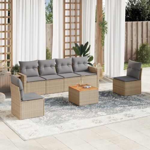 7-Piece Garden Sofa Set with Cushions Mix Beige Poly Rattan Wicker Outdoor Patio Furniture - Image 2