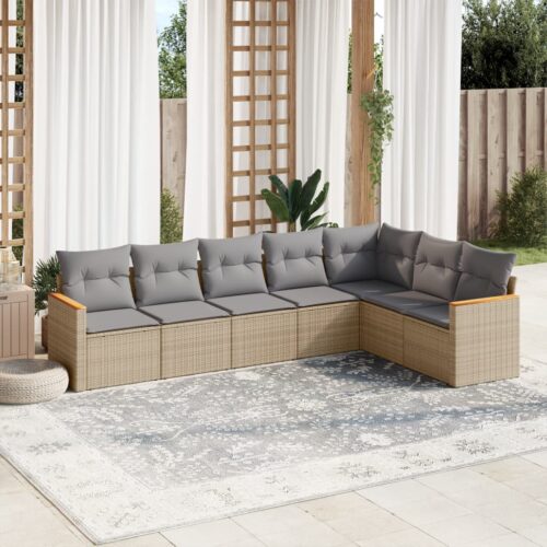 7-Piece Garden Sofa Set with Cushions Mix Beige Poly Rattan Wicker Outdoor Patio Furniture - Image 2
