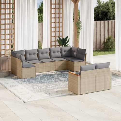 9-Piece Garden Sofa Set with Cushions Mix Beige Poly Rattan Wicker Outdoor Patio Furniture - Image 2