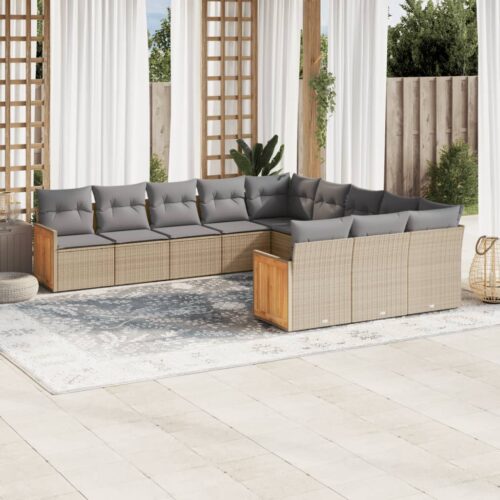 11-Piece Garden Sofa Set with Cushions Beige Poly Rattan Wicker Outdoor Patio Furniture - Image 2
