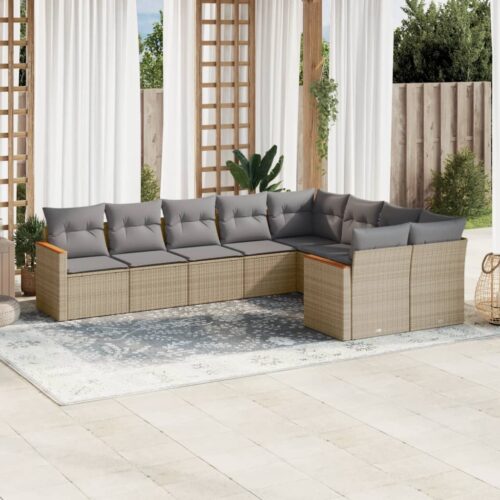 9-Piece Garden Sofa Set with Cushions Mix Beige Poly Rattan Wicker Outdoor Patio Furniture - Image 2