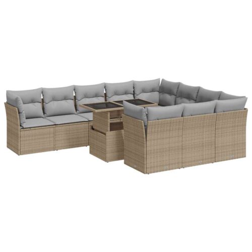 11-Piece Garden Sofa Set with Cushions Beige Poly Rattan Wicker Outdoor Patio Furniture